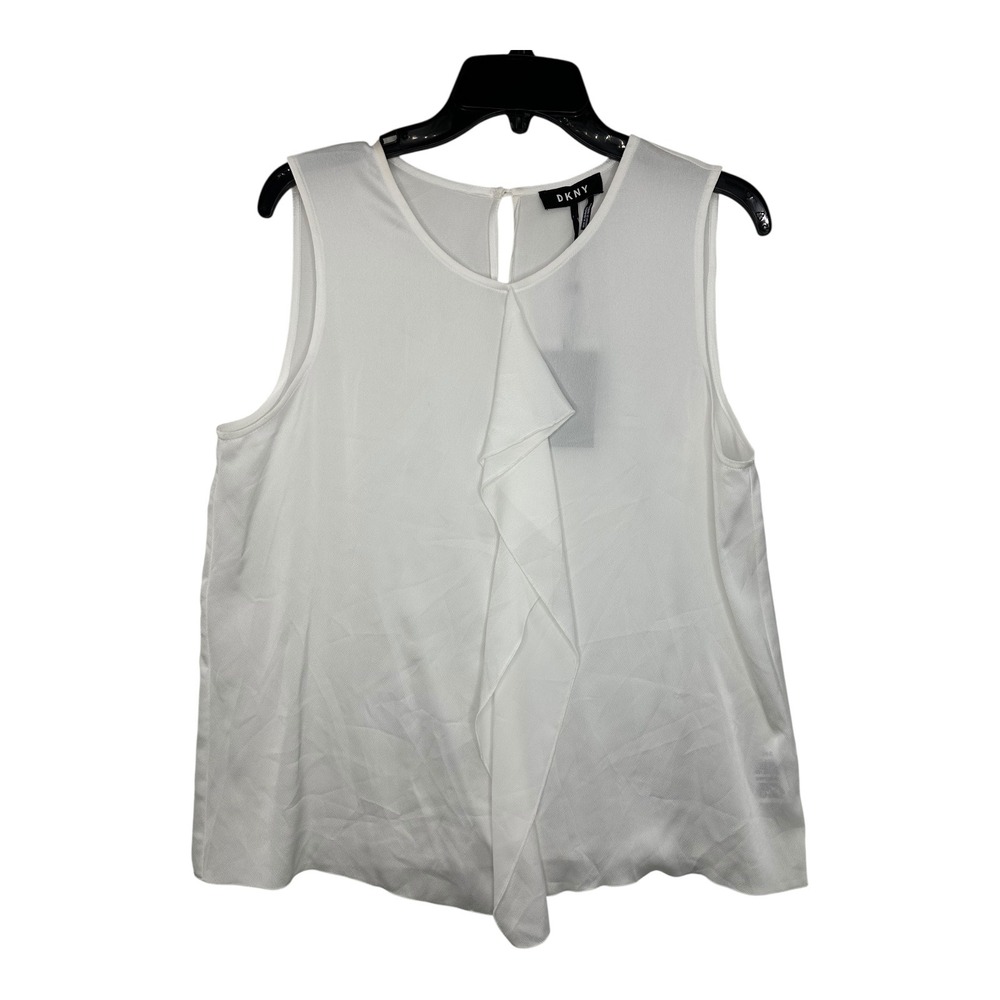 DKNY Sleeveless‎ Ruffle Front Top Blouse Elegant Career White Size L